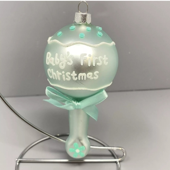 NEW Blown Glass Green Turquoise BABY RATTLE Baby's First Christmas 5" Ornament - Picture 2 of 4